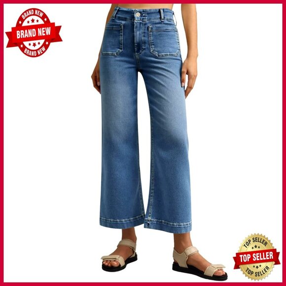 Denim - High Waisted Wide Leg Cropped Jeans Stretchy Flare Denim Pants